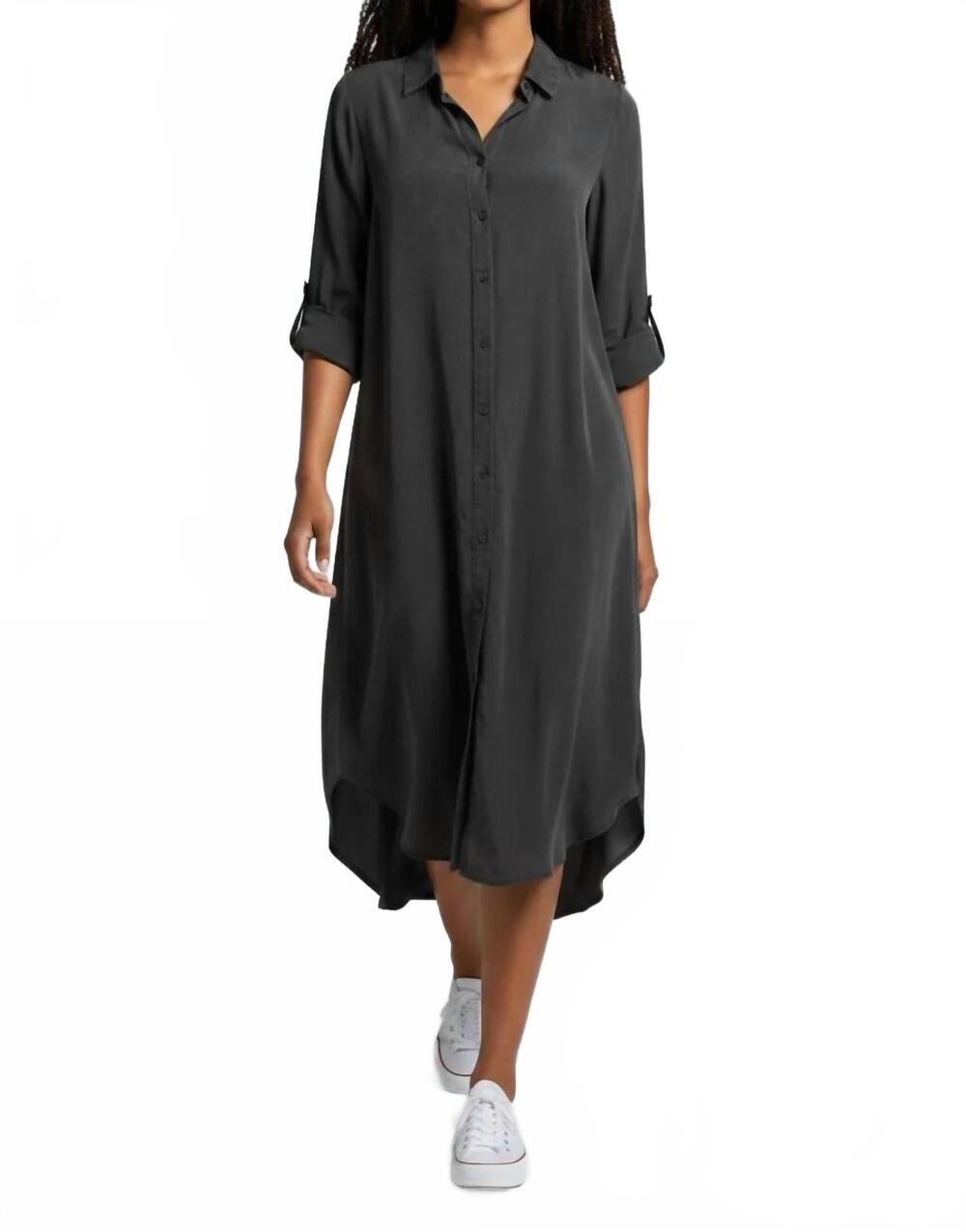 NEW MODODOC roll up sleeve button-up midi shirt dress in black
